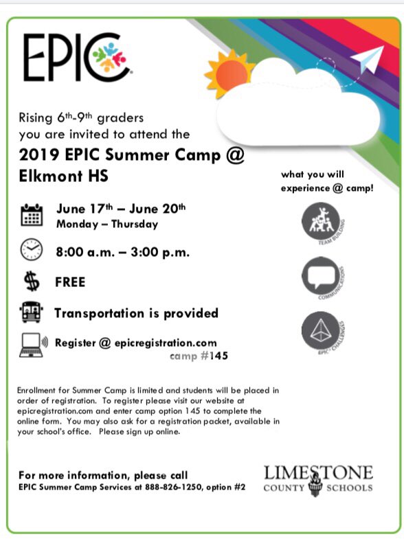 EPIC Summer Camp is free for rising 6-9th students. It’s a great opportunity for your child to develop leadership skills.