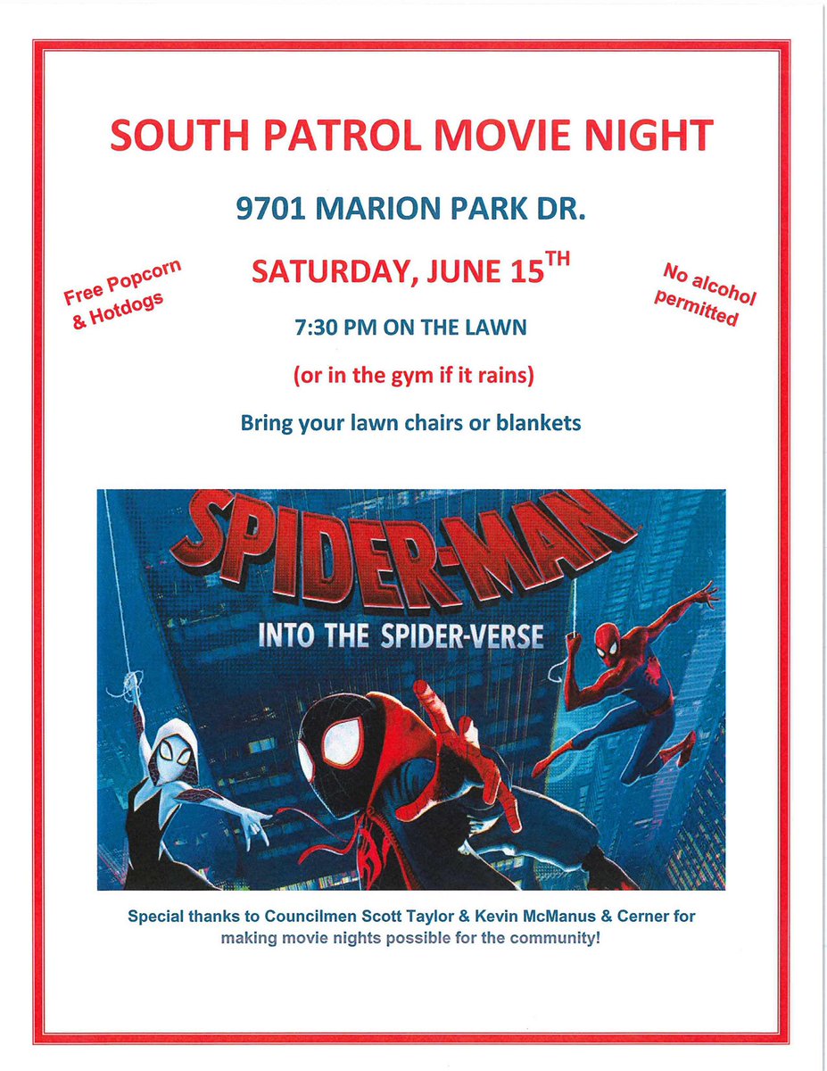 Join <a href="/kcpolice/">kcpolice</a> for a movie night, showing Spider-Man: Into the Spider-Verse, on the South Patrol Division Station lawn (or gym if it rains) at 9701 Marion Park Drive on June 15th at 7:30 p.m.