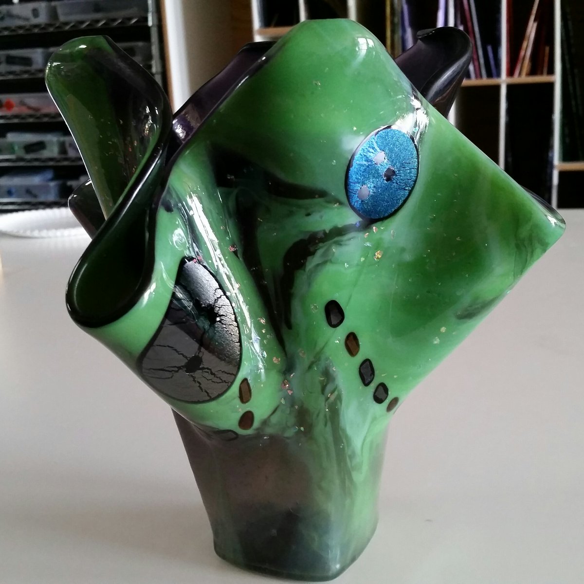 CEGFusedGlass's tweet photo. We made a #bowlingball vase for a customer whose husband is a serious bowler.  He loved it!  #bowl300 #makeyouown #fused glass #bowling vase at #creativeescapeglass in #springfieldmo https://t.co/dv0YG3XsQf
