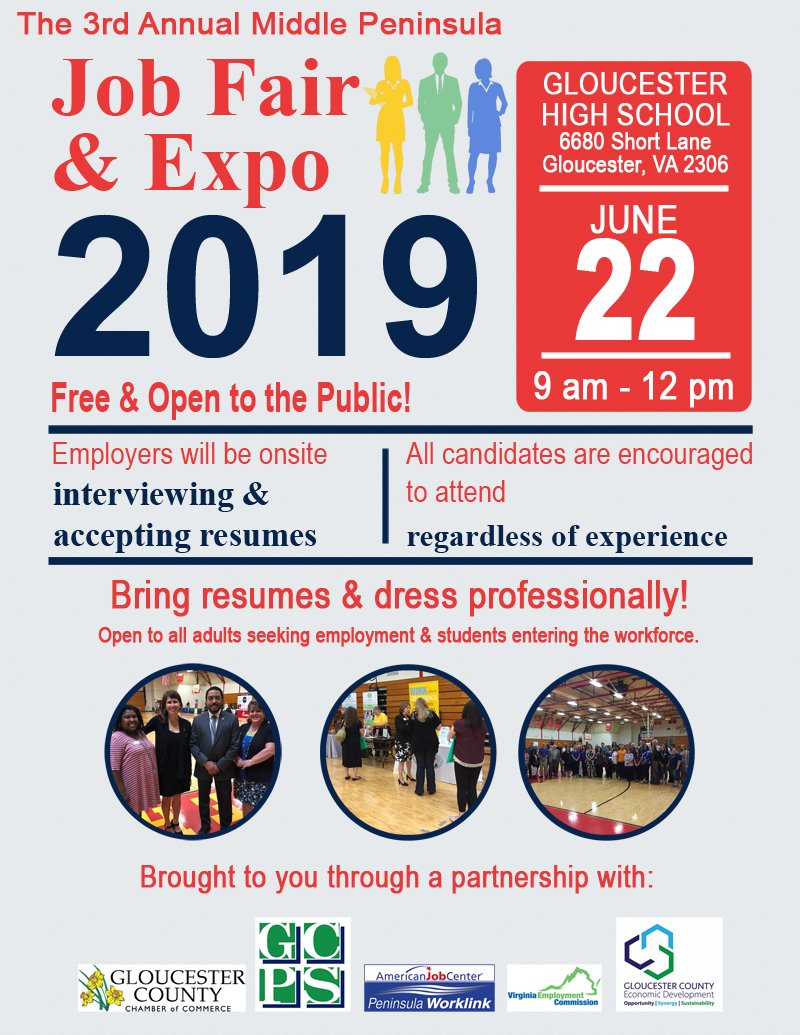 glovachamber's tweet photo. Save the date for Sat. June 22nd 9 a.m.-12 p.m. for the Middle Peninsula Job Fair & Expo! Local and Regional employers hiring now! Free for Job Seekers https://t.co/HpGjepqTUj! Employer Booths available here: https://t.co/ZCiN97wvE3! #gloucesternetworking #midpenjobfair #gotjobs https://t.co/wLrCBAfoRf