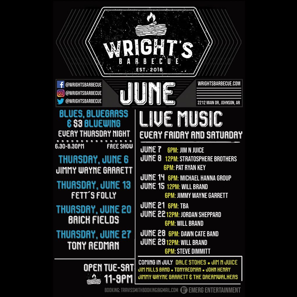 Emerg_Ent's tweet photo. The best barbecue in all of the land and some wonderful music, what is better than that? Here is the June music schedule at @wrightsbarbecue https://t.co/L84XeTZo6e
