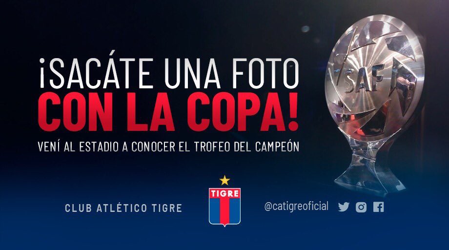 NoticiasTigre's tweet photo. ¡ATENCIÓN CAMPEONES! PODÉS SACARTE FOTO CON LA 🏆 DEL CAMPEÓN 🔵🔴
¡Los días jueves y viernes de 10 a 19 y sábado, de 9 a 18hs, los Socios del Club podrán acercarse para sacarse la foto con la Copa de la Superliga! 
#TigreCampeón ⭐️ https://t.co/7k9s1ePUEk