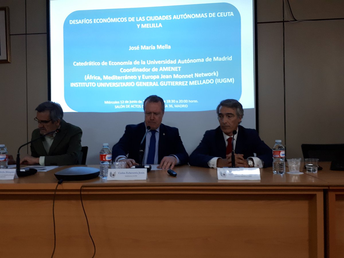 JavierJUgarte's tweet photo. At @Instituto_UGM @Defensagob three Academic experts debate challenges for economic consolidation two #Spanish Cities, #Cebta and #Melilla, the only #EU border with #African continent, I knew well when I was Consul in #Moroccan neighbouring places, #Nador and #Tetouan 2005-2010. https://t.co/z5Sgv5uB1j