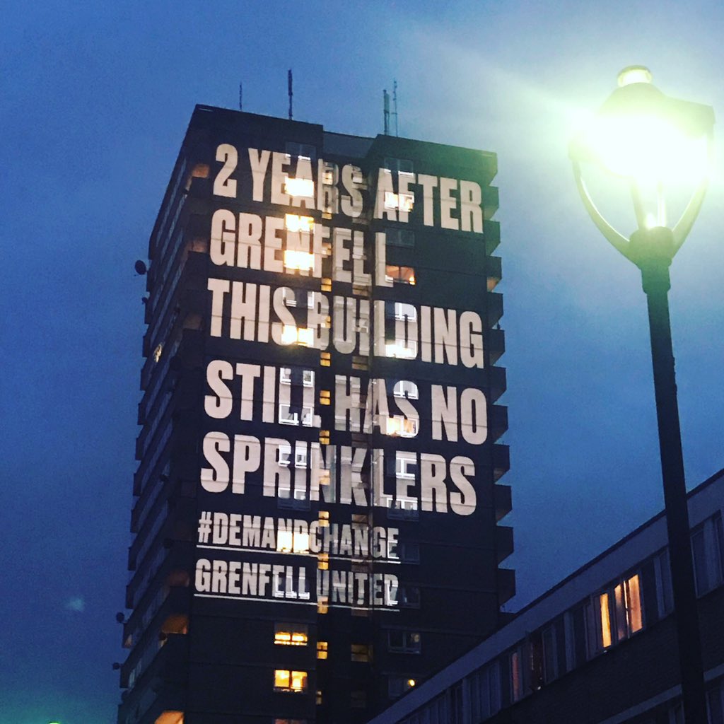 Tonight <a href="/GrenfellUnited/">Grenfell United</a> is shining a spotlight on tower blocks across the country STILL unsafe 2 years after Grenfell! #demandchange