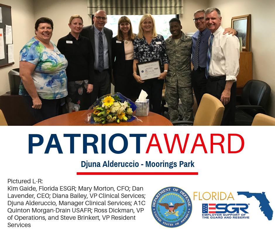 FL_ESGR's tweet image. #PatrioticEmployer Djuna Alderuccio of Moorings Park received the @DeptofDefense Patriot Award for her exceptional support of the members of the #GuardReserves employed by the organization. Award requested by Airman 1st Class Quintin Morgan-Drain, Air Force Reserve #ESGR @ESGR