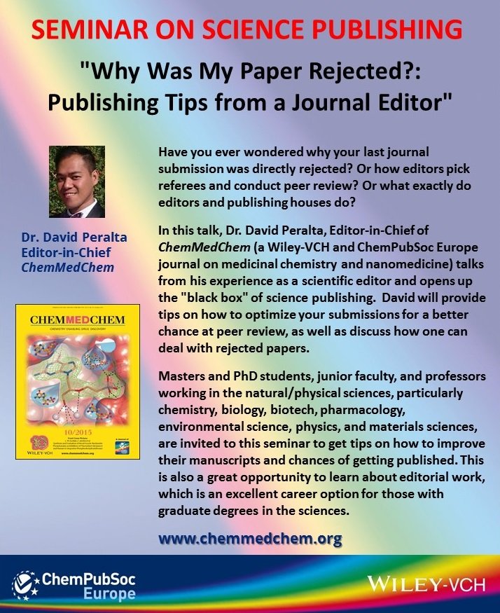 ChemMedChem's tweet photo. Still in #Krakow after #EFMC_ACSMEDI2019? Come to one of our seminars on #publishing:

June 13, TH, Faculty of Chemistry (Gronostajowa Str. 2) Room A1-04, 16:30

June 14, FR, Maj Institute of Pharmacology, Polish Academy of Sciences (12 Smetna Street) 2nd Floor Lecture Hall, 9:30 https://t.co/gefpjOPH3i
