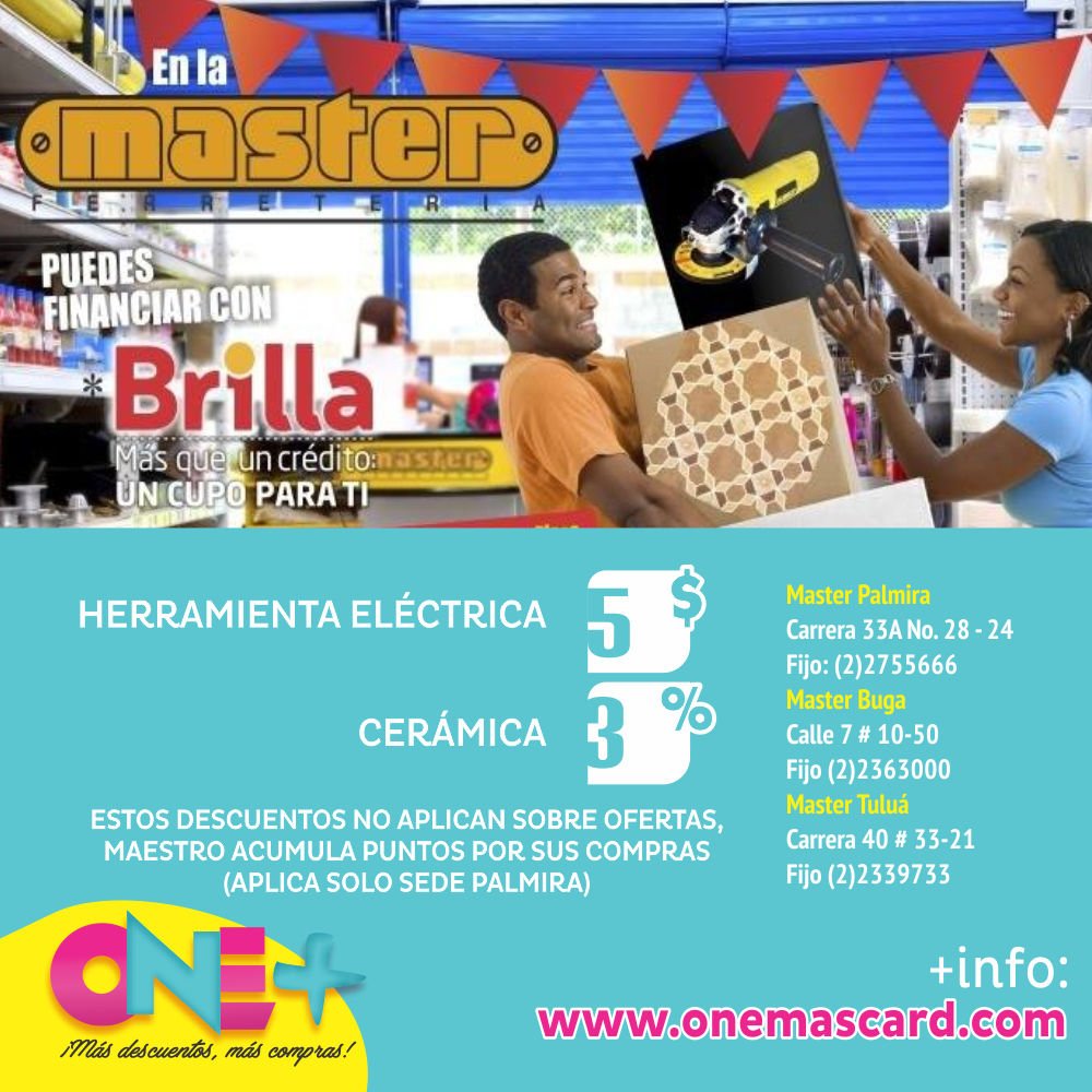onemascard's tweet photo. Encuentra lo que necesites en #MasterFerreteria para construcción. #OneMasCard obten el 5% dscto en herramienta eléctrica y 3% en cerámica. Cra. 33A # 28-24 Fijo 2755666 #descuentos #ferreteria #hogar #construccion #palmira https://t.co/b9HSZu3giT