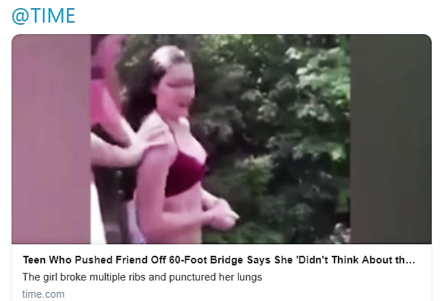 TheASCDoctor's tweet photo. Summertime warning:

"#Teen who pushed friend off 60-foot bridge says she
'didn't think about the consequences.'"

@TIME
https://t.co/ULbNEn2lGr https://t.co/tQ31IYeHYV