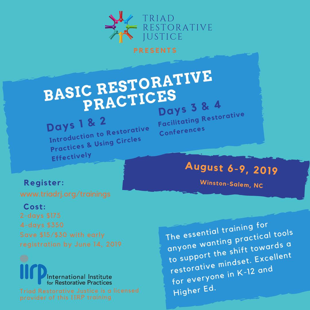 Upcoming trainings for K-12 Educators - Early registration ends Friday June 14, sign up now to save $$
Register at TriadRJ.org/trainings #RestorativePractices #IIRP