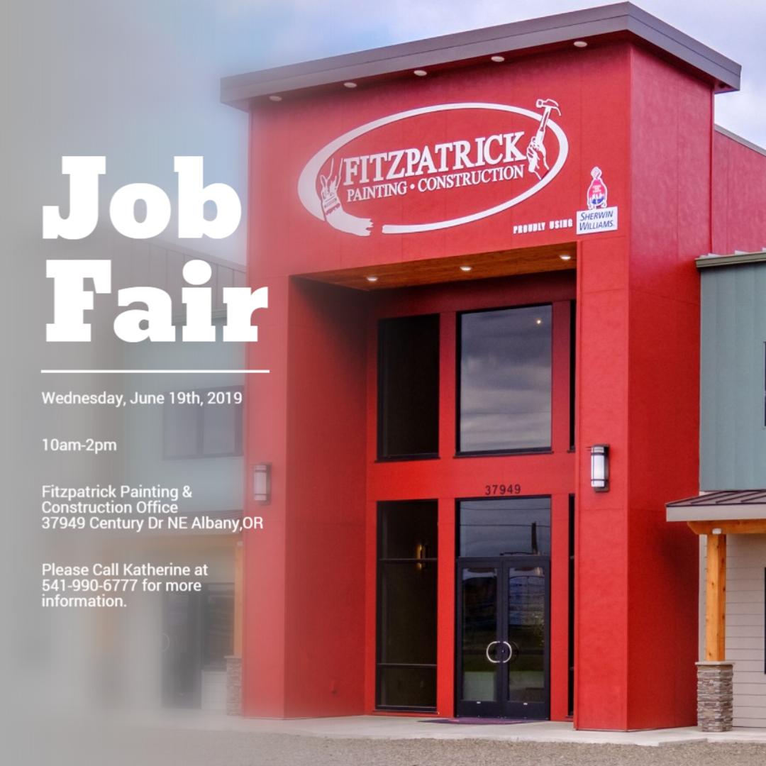 FitzPainting's tweet photo. We will be hosting a Job Fair here at Fitzpatrick Painting and Construction next week! Please call Katherine at 541-990-6777 for more information. https://t.co/6ekPRbZZnY