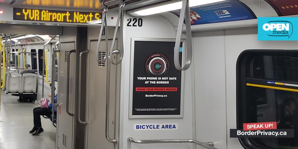 OpenMediaOrg's tweet image. Spotted on the #CanadaLine: the BorderPrivacy.ca ads YVR Airport authorities blocked a few weeks back. Know your rights when crossing borders! 📱🛃👁️