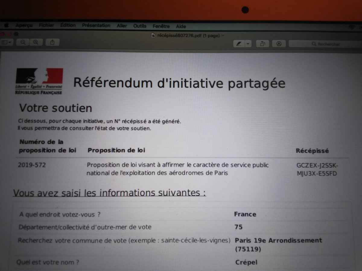 screpel's tweet photo. J'ai validé mon soutien à la tenue d'un référendum sur ADP dès 0h01. Une signature parmi les 4.717.396 nécessaires (1/10e du corps électoral). #PremiersSignataires #ReferendumADP #StopPrivatisations https://t.co/QWCsOzfLqw
