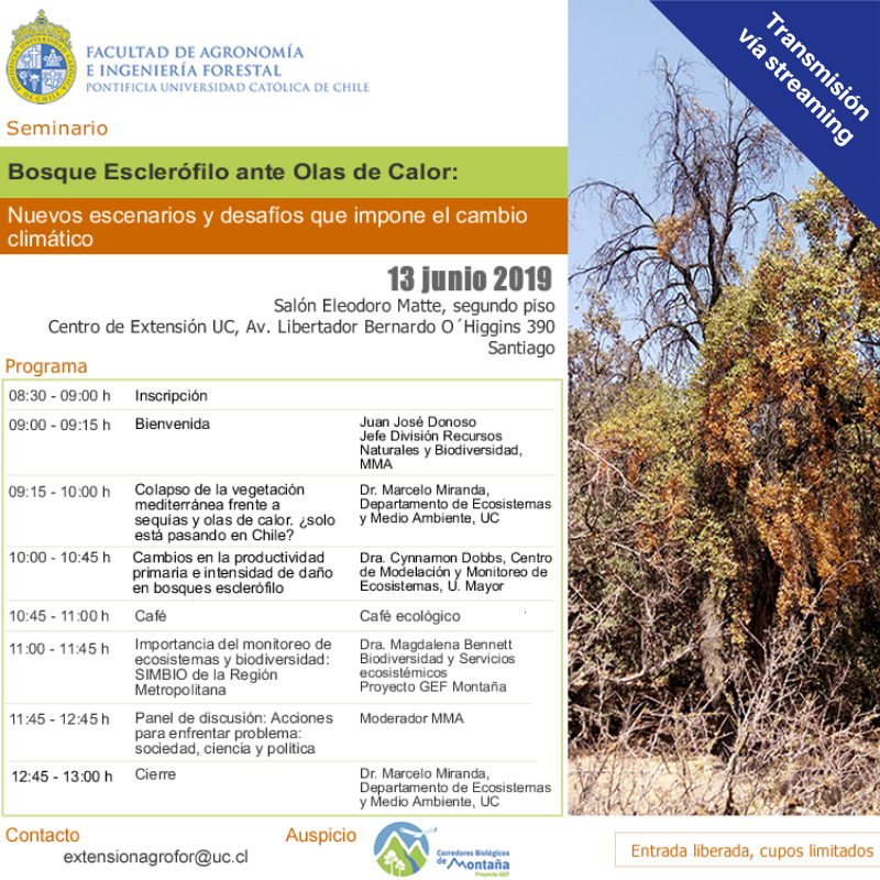 🍃 Si no alcanzaste a inscribirte en el seminario "Bosque Esclerófilo ante olas de calor", que realizaremos mañana junto al Departamento de Ecosistemas y Medio Ambiente de la UC, el encuentro será transmitido vía streaming a través de nuestro Facebook 👉 bit.ly/2LTqAuT