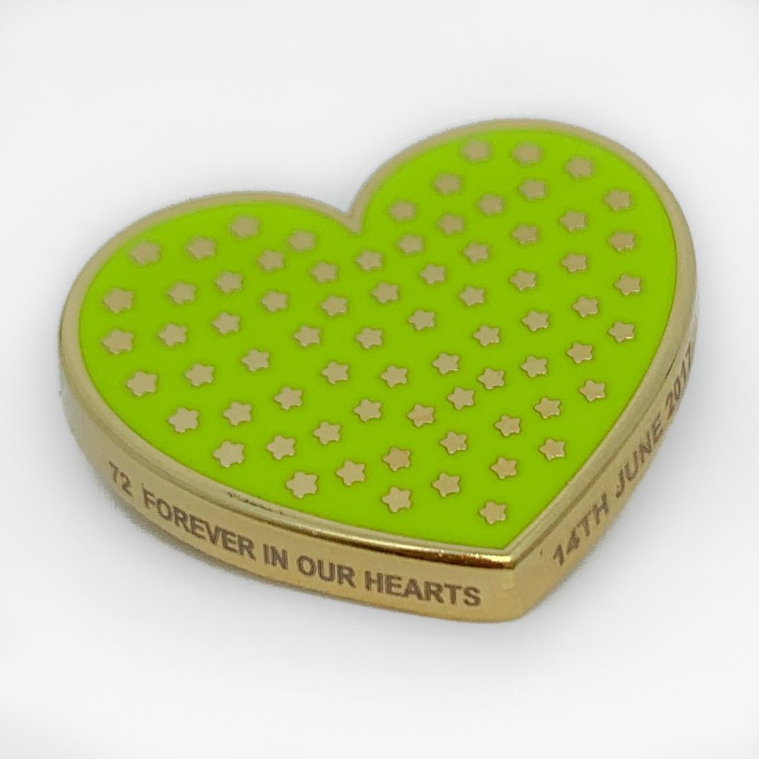 Grenfellspeaks's tweet photo. To honour the 72 lives lost on 14th June 2017, we have launched a new Grenfell heart remembrance lapel pin to mark the second anniversary of the Grenfell tower tragedy. Please see our FB page for details on how to get your pin #GrenfellTower  #ForeverinourHearts 💚 #GrenfellHeart https://t.co/8ReLuQT3i5
