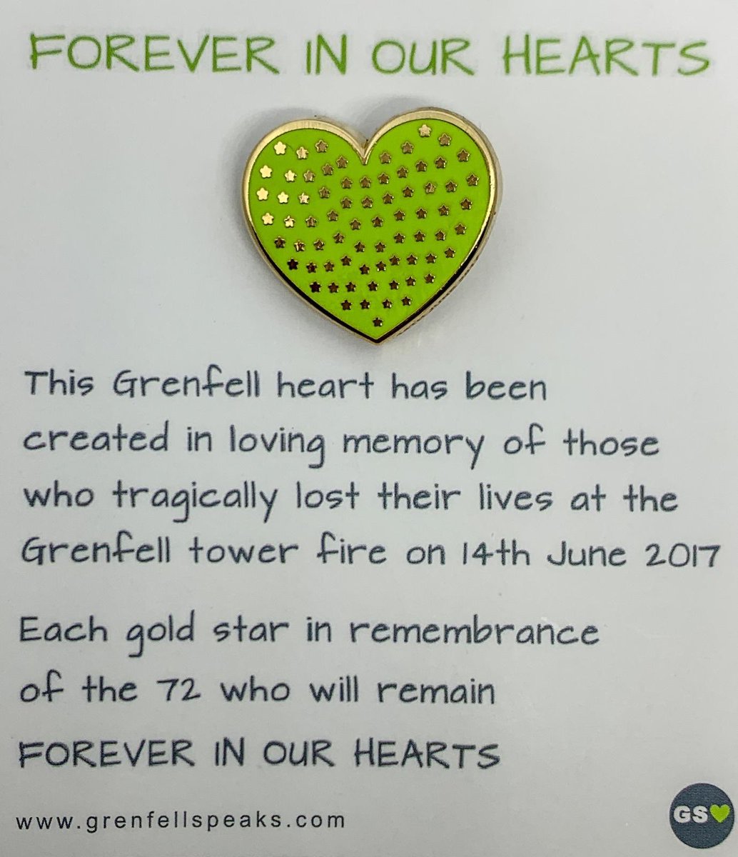 Grenfellspeaks's tweet photo. To honour the 72 lives lost on 14th June 2017, we have launched a new Grenfell heart remembrance lapel pin to mark the second anniversary of the Grenfell tower tragedy. Please see our FB page for details on how to get your pin #GrenfellTower  #ForeverinourHearts 💚 #GrenfellHeart https://t.co/8ReLuQT3i5