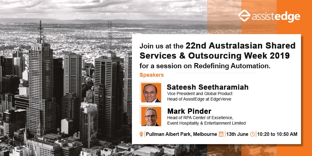 edge_verve's tweet photo. Are you attending 22nd Australasian Shared Services Summit 2019?
Join us for an informative session on Reinventing Automation by Sateesh and Mark today at the Conference room, Pullman Albert Park, Melbourne.
@ssonetwork
#AutomationSuccessAssured #AssistEdge #RPA #Automation https://t.co/2nbgDzy1zr