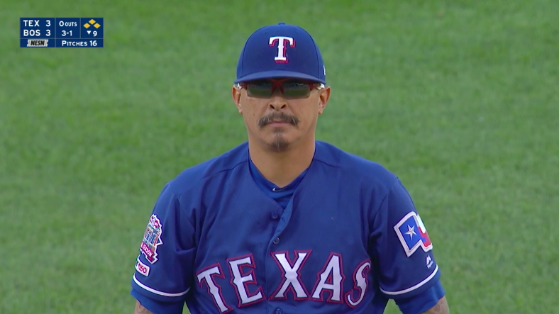 landrum_tyson's tweet photo. You can't rock the shades and the Fumanchu if you're gonna come out and walk the game winning run to the plate smh #RedSox #Rangers https://t.co/oJ0SvpxX4C