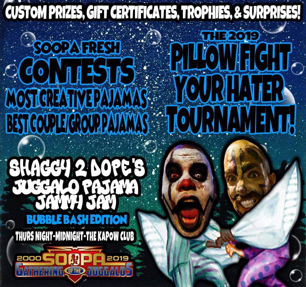 icp's tweet photo. Just when you thought Shaggy's Juggalo Pajama Jammy Jam couldn't get any fresher!

Bring your best PJ's, your filthiest pillow, and get in on the action ONLY at the 20th Annual Soopa Gathering of the Juggalos! https://t.co/M9efSyRenx