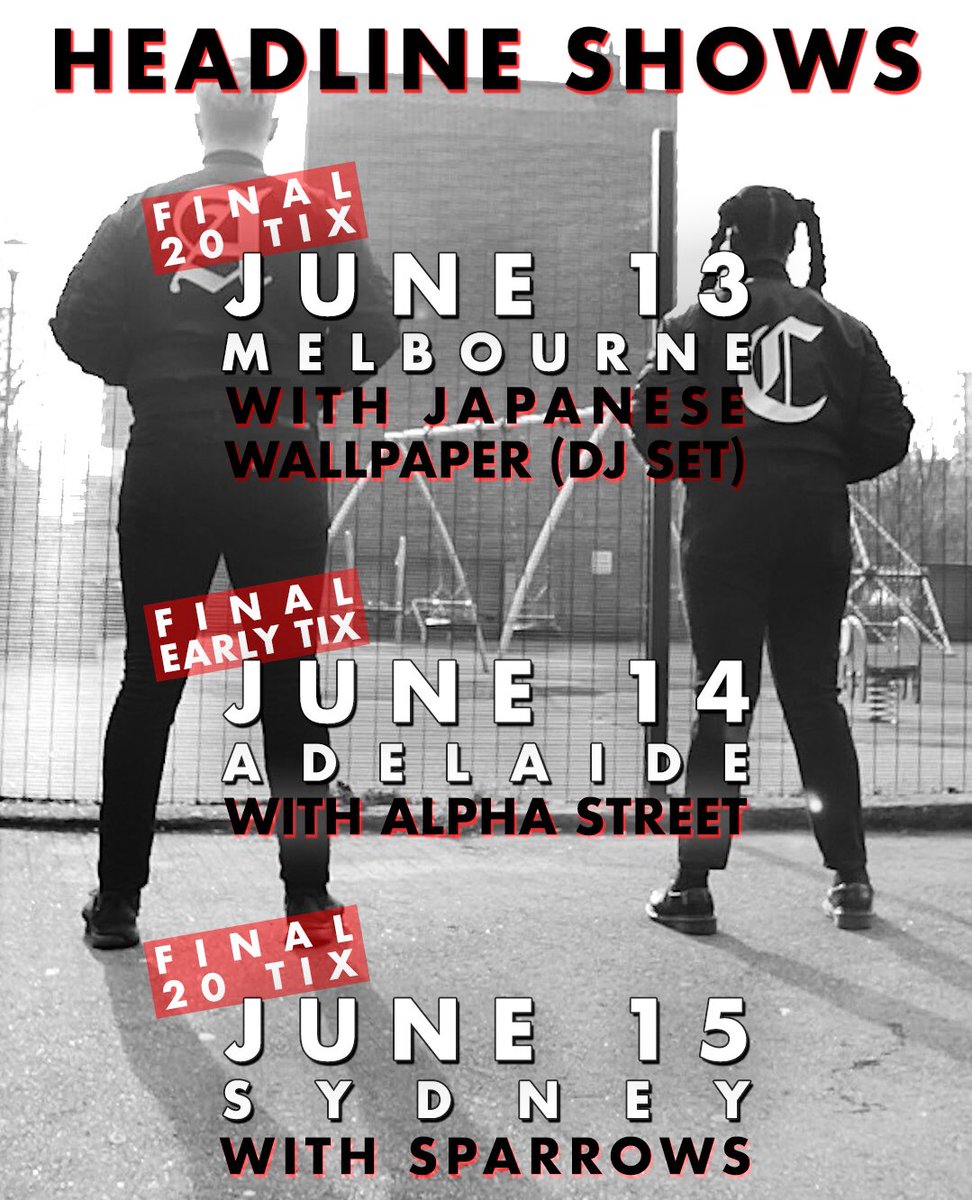 This is a LAST CALL for the rest of our Oz tour:
• MELBZ - LESS THAN 20 TIX REMAINING FOR TONIGHT.
• RADELAIDE - FINAL EARLYBIRD TIX.
• SYDDERS - LESS THAN 20 TIX REMAINING.

Tix from antonyandcleo.com