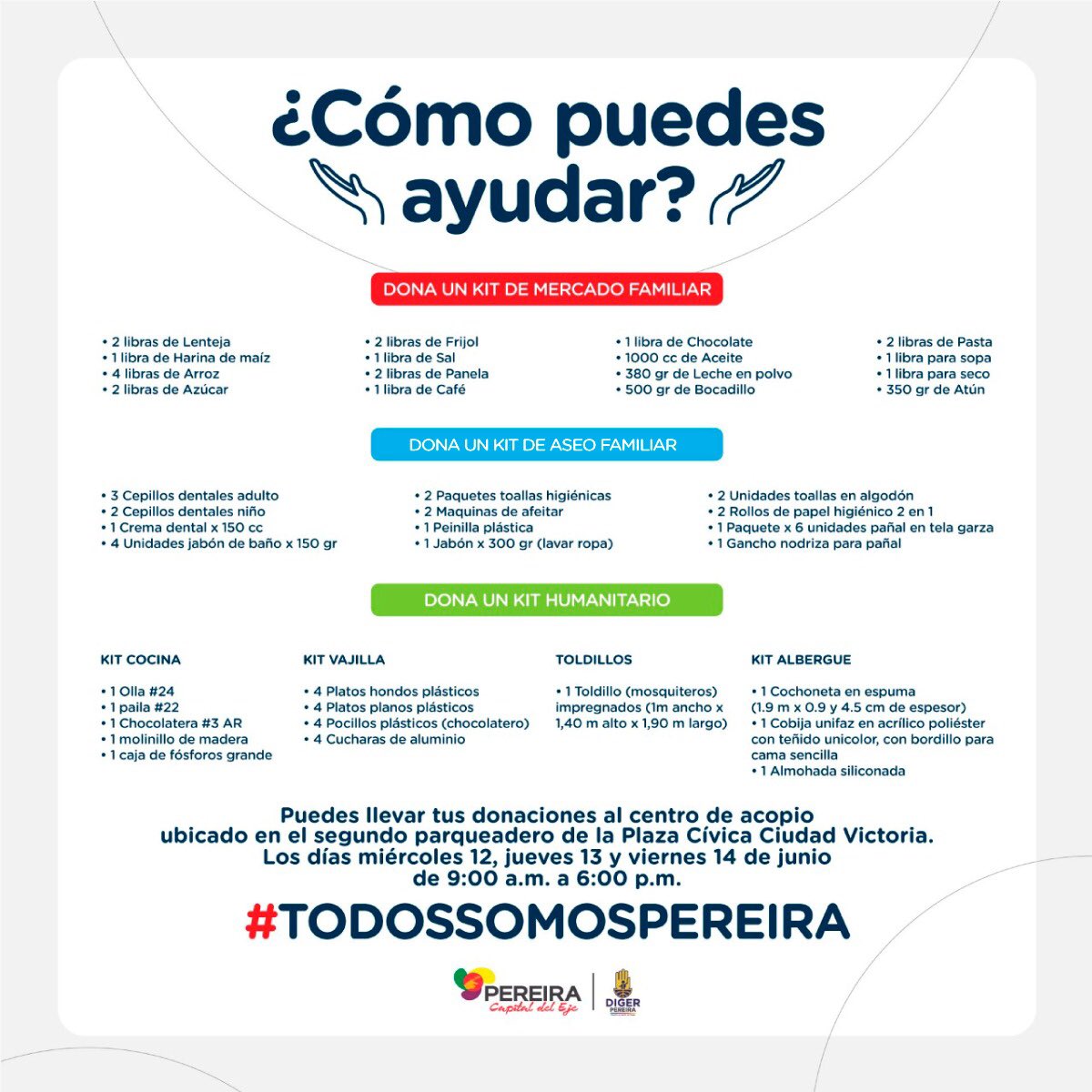 📦☝🏻Todos pueden ayudar en la Capital del Eje👇🏻 #TodosSomosPereira
