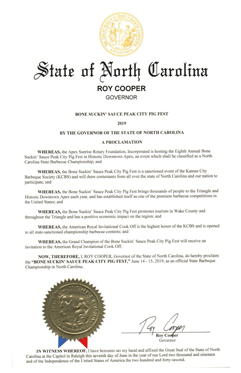 PeakCityPigFest's tweet photo. Here's the Proclamation from the NCGOV proclaiming us a State BBQ Championship. To be read Saturday by the official Ambassador of Apex J.C. Knowles. "Hear ye, Hear ye". @DowntownApexNC @townofapex @BoneSuckinSauce @WWRaleigh @KCBBQSOCIETY @thinkapexnc @ncpork @ABC11_WTVD https://t.co/tclo4g3BQ8