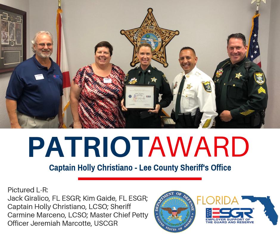 FL_ESGR's tweet image. #PatrioticEmployer Holly Christiano of @leesheriff received the @DeptofDefense Patriot Award for her exceptional support of the members of the #GuardReserves employed by the organization. Award requested by Master Chief Petty Officer Jeremiah Marcotte, @USCGReserve #ESGR @ESGR