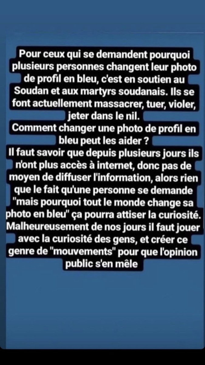 Viny_ty's tweet photo. Partagez au max !
La raison pour laquelle de nombreuses personnes sur les réseaux sociaux changent leur photo de profil en bleu, c’est un petit geste pour nous mais qui peut être d’une grande aide pour eux 💪
#SudanMassacre https://t.co/iaRvQgY6fk