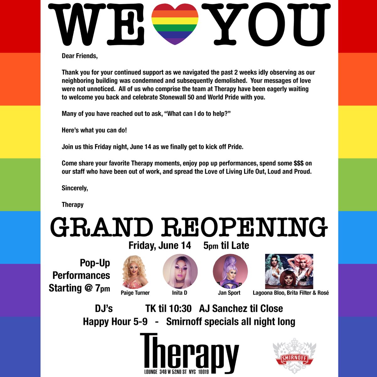 Therapy_NYC's tweet photo. WE REOPEN FRIDAY!! 5pm . SEE YOU THERE https://t.co/q49LV5k0Yf