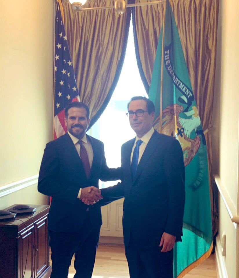 ricardorossello's tweet photo. Great to meet with a friend of #PuertoRico, @stevenmnuchin1. Had a chance to thank him for his interest in the recovery of the Island and his team efforts to make it an attractive #OZone investment destination. https://t.co/v7t0KLFZ5z