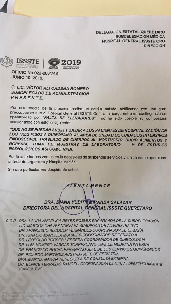 makugo's tweet photo. ¡Indignante!

El ISSSTE Qro ha suspendido TODOS sus servicios, excepto urgencias y hospitalización, porque los elevadores NO SIRVEN. 

Esto no puede seguir. Miles de familias en riesgo por la incompetencia e insensibilidad federal. 

¡Solución ya! https://t.co/kOugq3aLWz