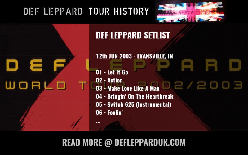 dltourhistory's tweet photo. #DefLeppard played a show in
#Evansville IN USA πΊπΈ 16 Years Ago on this day in 2003
#defleppardx #setlist #RobertsStadium
https://t.co/sQFteU1XXw https://t.co/U3C74T7WUX
