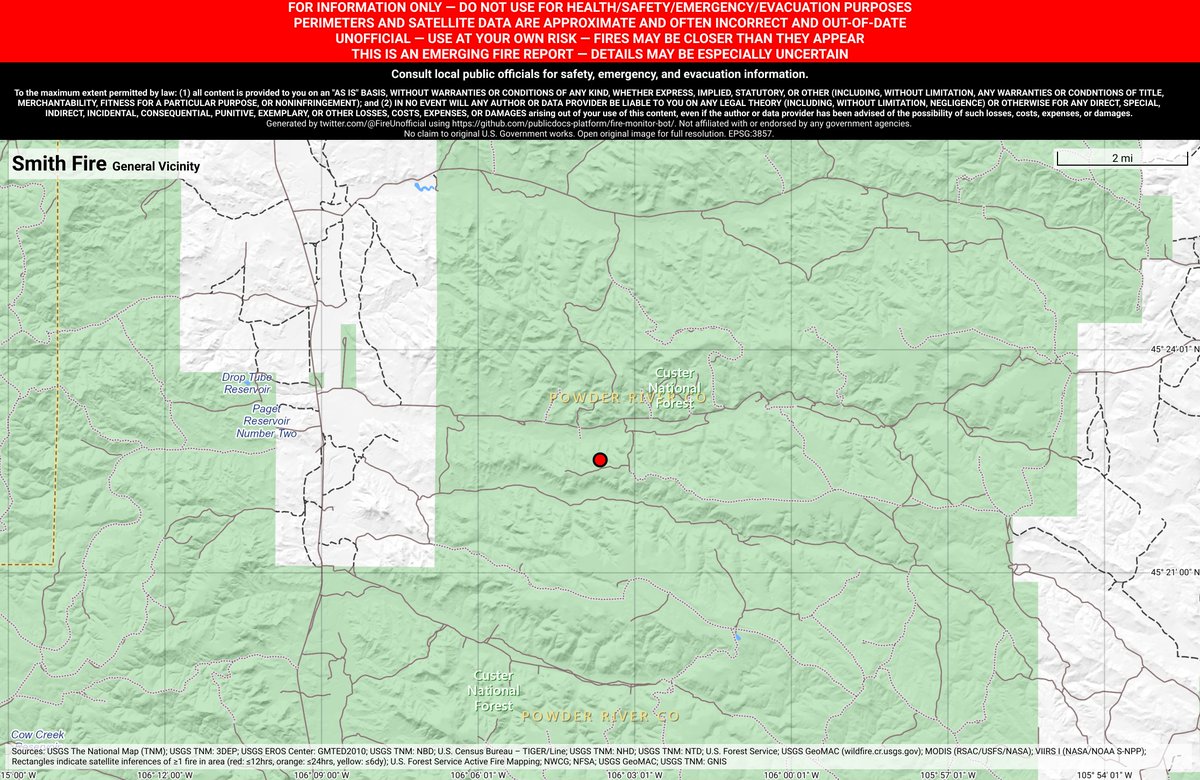 NRockFireBot's tweet image. #SmithFire 🔥 discovered Jun 12, 2019, 11:34 PM UTC - unofficial report.
#PowderRiverCounty Miles City Field Office; ~19mi SE of Ashland, MT. ~80mi NNW of Gillette, WY. See officials for safety info. May be incorrect; disclaimers in images.
