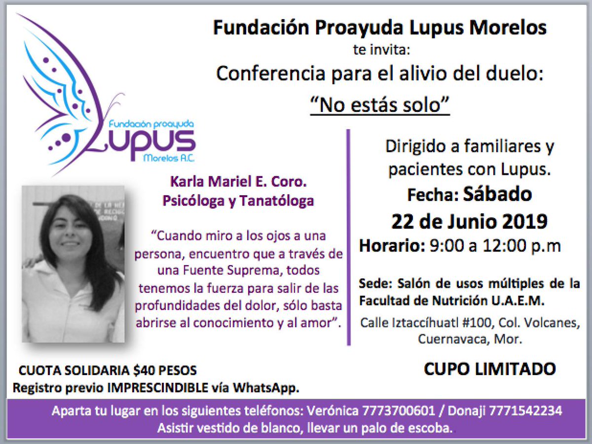 LupusMorelos's tweet photo. Les recordamos nuestro próximo evento #lupus #información #lupusmorelos #lupusatencionya #cuernavaca #morelos #mexico #duelo CUALQUIER PERSONA CON UNA ENFERMEDAD CRÓNICA O FAMILIAR, ESTÁN INVITADOS. 💜💜🖐️🖐️ https://t.co/Tg0f2P62lv