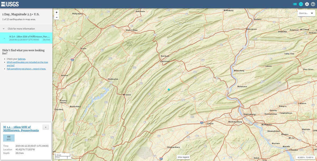 .<a href="/USGS/">USGS</a> reports a magnitude 3.4 earthquake (preliminary) occurred at approximately 8:30 PM tonight in Juniata County, Pennsylvania. Please refer to earthquake.usgs.gov/earthquakes/ma… for the latest information. Report any damage/impacts to local law enforcement.