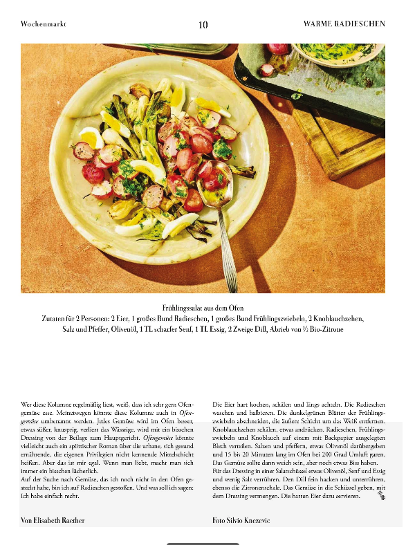 annaesch1's tweet photo. Elisabeth #Raether war wieder mal auf dem Wochenmarkt und macht uns diesmal einen Frühlingssalat aus dem Ofen. Und ja, Radieschen sind auch dabei! 🧂🌶️🥚🍴🥗
frisch auf den Tisch aus dem neuen @ZEITmagazin https://t.co/IzWqkGDqwx