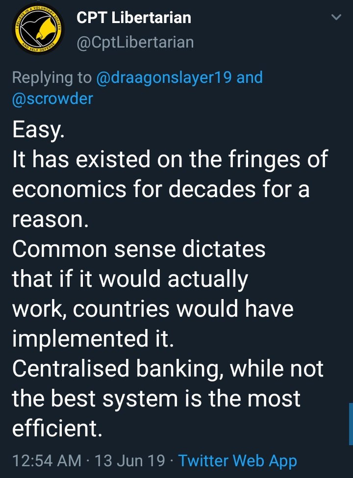 draagonslayer19's tweet photo. You would think that expert logic and argument nerds like Cap Libertarian here would avoid the "common sense" argument of "obvi this is a fringe idea that noone has implemented and would have if actually worked" line of reasoning. #LibertarianLogic #KettleAndPot https://t.co/NWoPqOk3hu