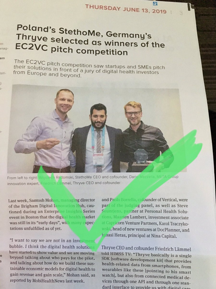 ArturOlesch's tweet image. Congratulations @StethoMeR and Thryve for winning the #EC2VC pitch competition! #Health2con #HIMSSeurope19