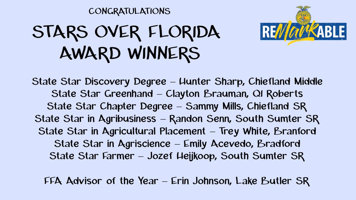 FirstPlaceFla's tweet photo. They are the shining stars, and the best of the best of agriculture in the Sunshine State, they are your #reMARKable Stars Over Florida winners!
#reMARKableFFA https://t.co/OCXuEPfnXI