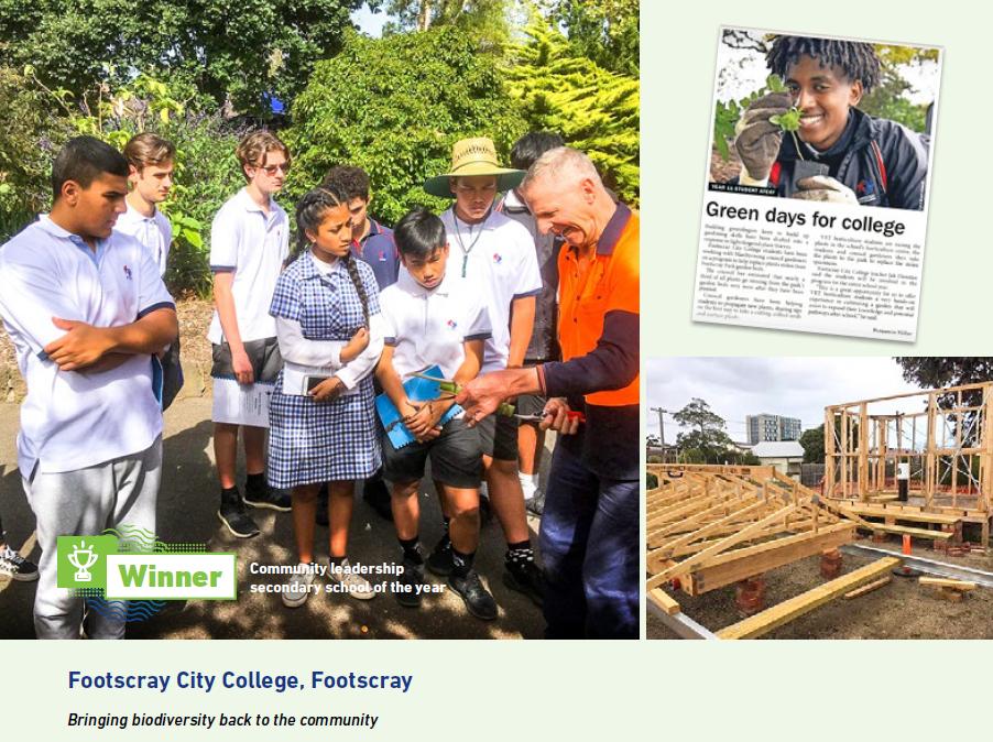 SustainVic's tweet photo. #RSSA19 ‘Community Leadership Secondary School of the Year’ winner is Footscray City College - their award presented by category sponsor @VicSchoolBuild for efforts in re-growing missing flora which had disappeared from Footscray Park 🌿 https://t.co/85ode6Kv1G https://t.co/JaNDkbQodu