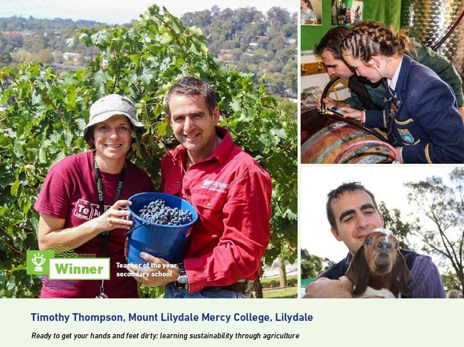 SustainVic's tweet photo. Announcing Timothy Thompson from Mount Lilydale Mercy College as #RSSA19 Secondary School Teacher of the Year! Presented by category sponsor Bank First, Timothy has raised awareness of sustainability in agricultural practices & guided the Yarra Valley Young Farmers student group. https://t.co/t2Rw1Hfl8q