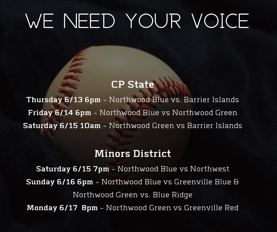 It's about to be a BIG time at Corey Burns. We have Coach Pitch State and Minors District 7 Championships. We need you out there yelling for our boys. We have two teams in each tournament, and we intend to take them down. Come out for some great food, fellowship, and fastballs.