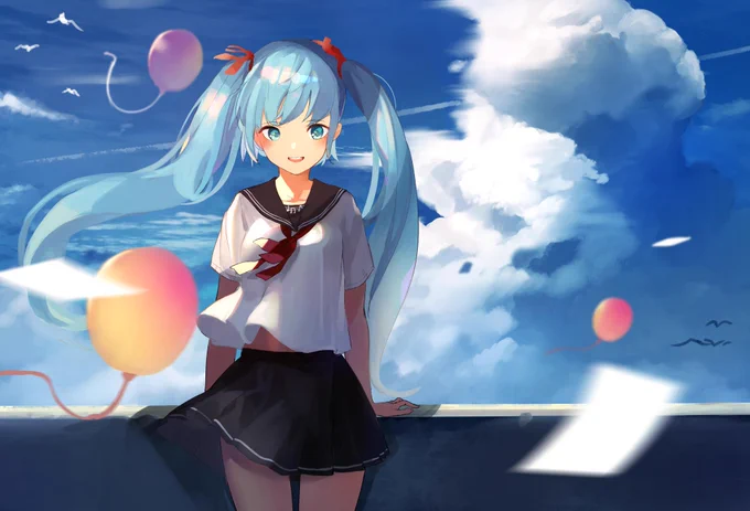 ピアプロ運営です。本日は「空」作品をご紹介!しいさんの、青空をバックにニッコリ微笑むミクさん!フワフワ飛ぶ風船やもこもこ大きな雲が素敵ですねヾ(*'∀`*)ノ【https://t.co/yXCv9fAHLE】 #piapro #初音ミク 