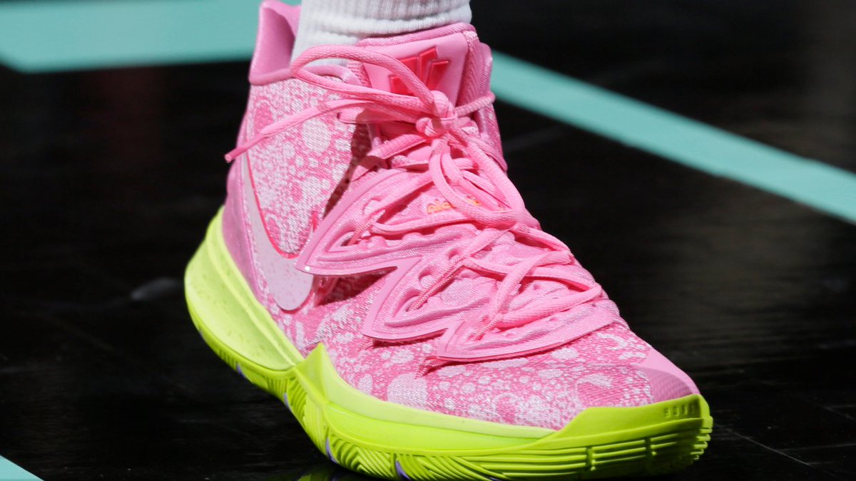 nikebasketball's tweet photo. .@Lucky_Lefty0 and @tinacharles31 debuted the latest @KyrieIrving 5 x @SpongeBob.

Coming this summer. @Nickelodeon #kyrie5 #spongebob #wnba https://t.co/WsJeBv68e9