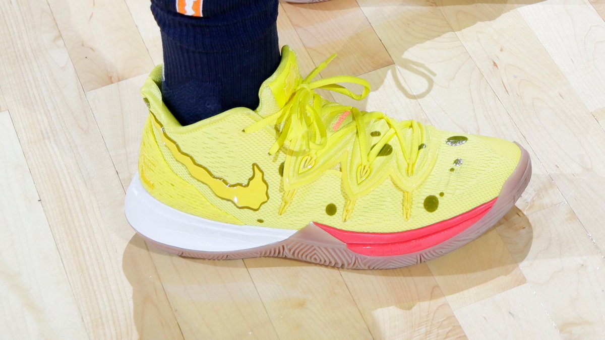 nikebasketball's tweet photo. .@Lucky_Lefty0 and @tinacharles31 debuted the latest @KyrieIrving 5 x @SpongeBob.

Coming this summer. @Nickelodeon #kyrie5 #spongebob #wnba https://t.co/WsJeBv68e9