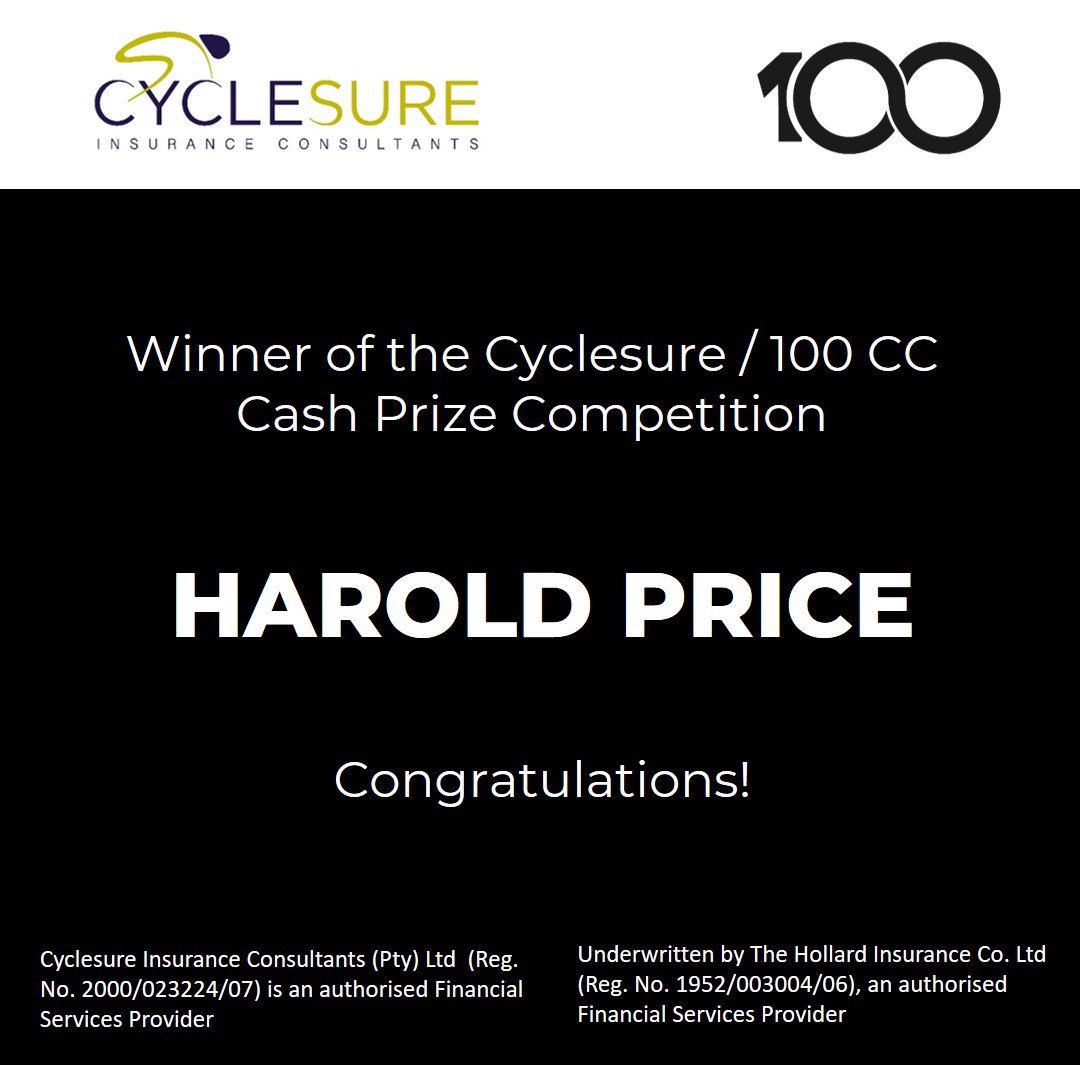 WELL DONE Harold. Have a great year of cycling. And thank you to Cyclesure for their valuable contribution to the 100CC 2019.

Cyclesure South Africa #SweatThe100 #SweatTheSunday #100InMay