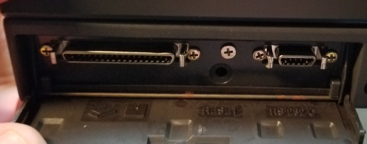 It has two weird ports! the left one is apparently floppy/printer (!?) and the right on is serial, and there's a little recessed reset button in there.