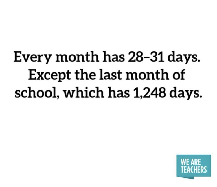 TarshesScience's tweet photo. Now I Know what all my other friends were feeling in January and April! We still have 5 more weeks of school! https://t.co/IP7fpWxRhN