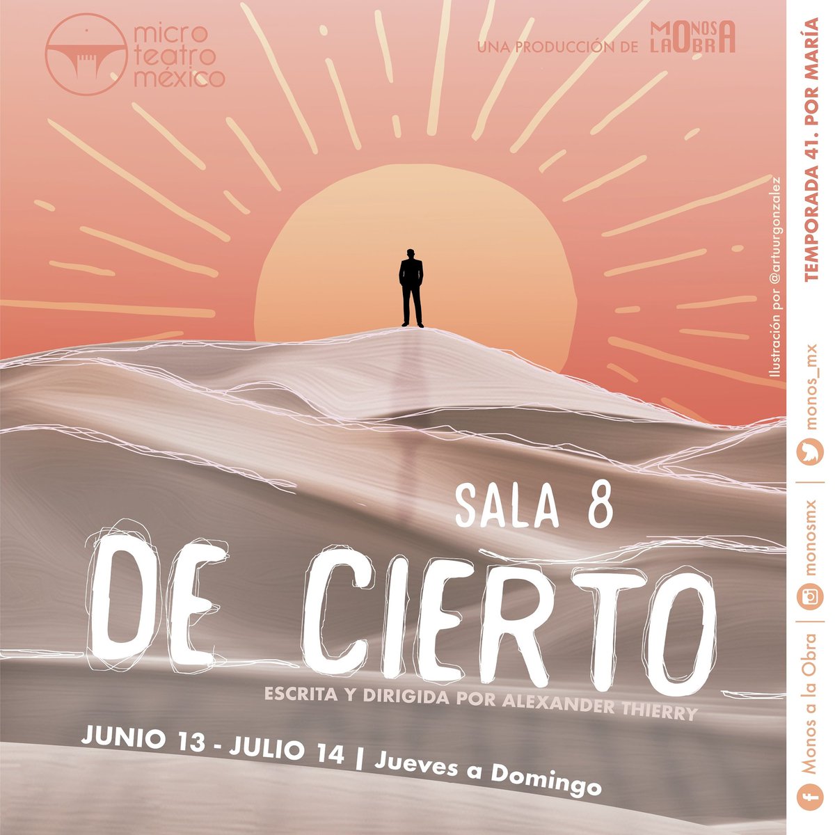MicroTeatroMex's tweet photo. De Cierto
¿Qué harías si despertaras en el desierto? Kilómetros de arena alrededor, un sol implacable. No estás solo. Te acompaña lo más oscuro de ti. Conoce tus miedos. Una pistola... ¿hay algo de cierto en la soledad del desierto?
No te la pierdas! #Sala8
#PorMaría https://t.co/6QrVb2d3rl