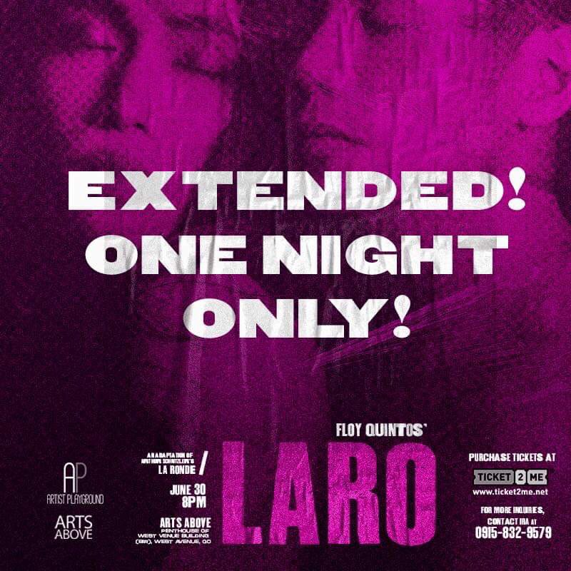 phipalmos's tweet photo. Floy Quintos' LARO is EXTENDED for ONE NIGHT ONLY. 

June 30, 8pm. 

MESSAGE ME FOR TICKETS! 

#APLaro #Pride2019 #Mapangahas https://t.co/AGSJ6fQz5x