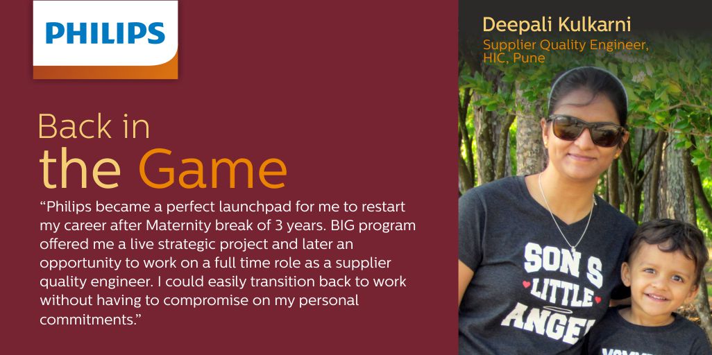 HRPhilips's tweet photo. After her son, Somit was born,@Deepali73881334 took a career break of 3 years to be a full time mother. With #BackintheGame ,she got the opportunity to easily transition back to work.Learn more about the program and apply with Philips today. https://t.co/JDP7Dn05tH  @philipsindia https://t.co/yJWUtH9hjy
